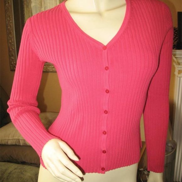 Vintage Y2K 90s Express Cardigan Sweater V-Neck Button Up Long Sleeve Neon Pink - Picture 6 of 9